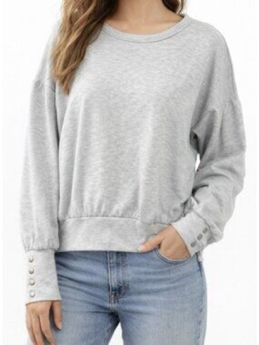 Evereve Light Gray Crewneck Sweatshirt with Button Cuffs